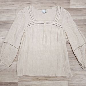 Wonderly Womens Beige Peasant Longsleeve Crochet Blouse Large